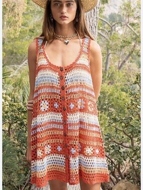 POL Crochet Button Front Tank Dress in Rust, Cream & Light Blue• Small